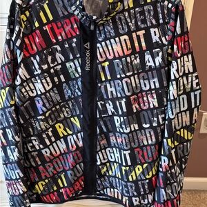 Reebok Black Zip Hoodie with Multicolor 'RUN' Text Print